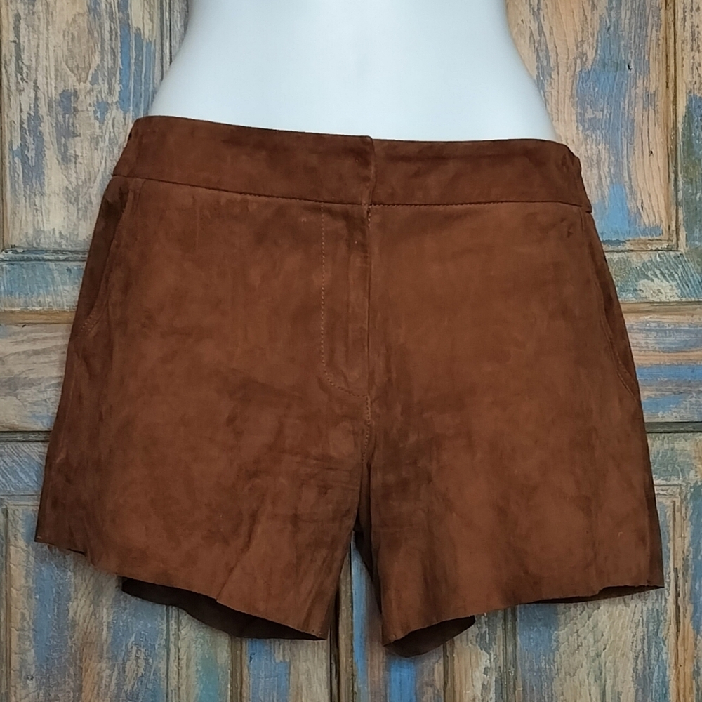 Monoprix Autre Ton Caramel Leather Nubuck Shorts Pockets Super Soft! Size 36